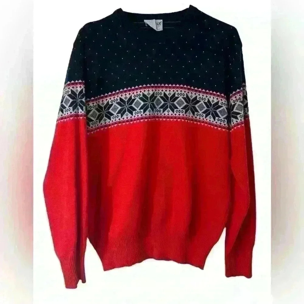 Vintage Meister Mens Large? Red/Blue Wool Blend Pullover Crewneck Ski Sweater